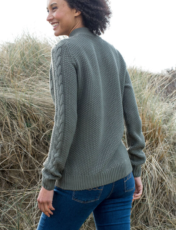 Pull col montant zipp&eacute;, maille torsad&eacute;e (kaki)