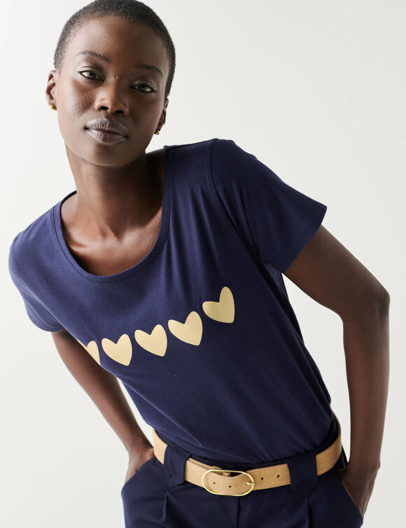 T-shirt met korte mouwen, goudkleurige hartjesprint (marine)