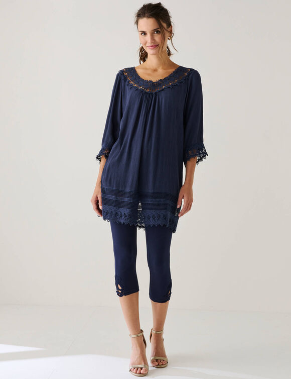 Tunique macram&eacute; manches 3/4, cr&eacute;pon (marine)