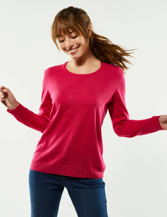 Pull col rond uni, manches longues, toucher doux (rose fuchsia)