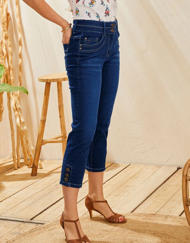 Pantacourt fuselé base boutonnée, jean stretch (dark blue)