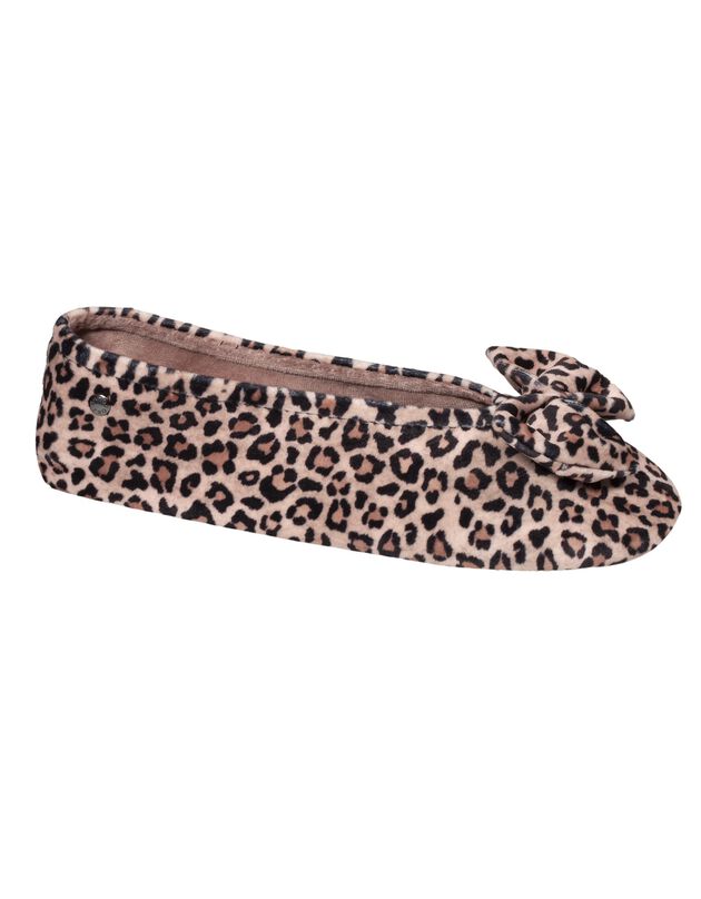 'Ballerina' pantoffels met strikje en pantermotief, microvelours (beige / zwart)