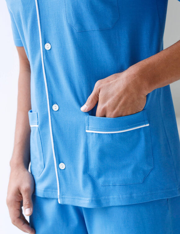 Pyjama short veste boutonnée jersey coton uni (bleu)