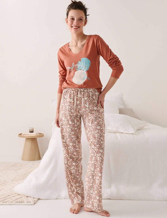 Pantalon pyjama coton imprim&eacute; "feuillage" avec lien &agrave; nouer (&eacute;cru)