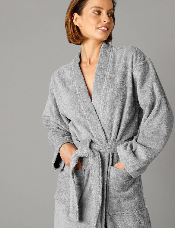 Peignoir mixte adulte col kimono éponge bouclette  (gris)