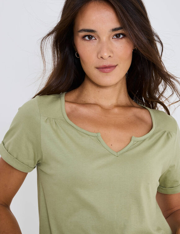 T-shirt col tunisien uni, coton (kaki clair)