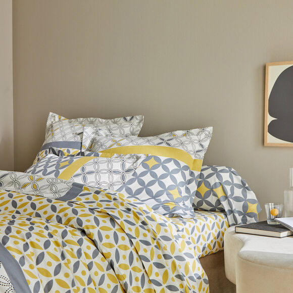 Linge de lit Marlow en coton motifs géométriques (gris / jaune)