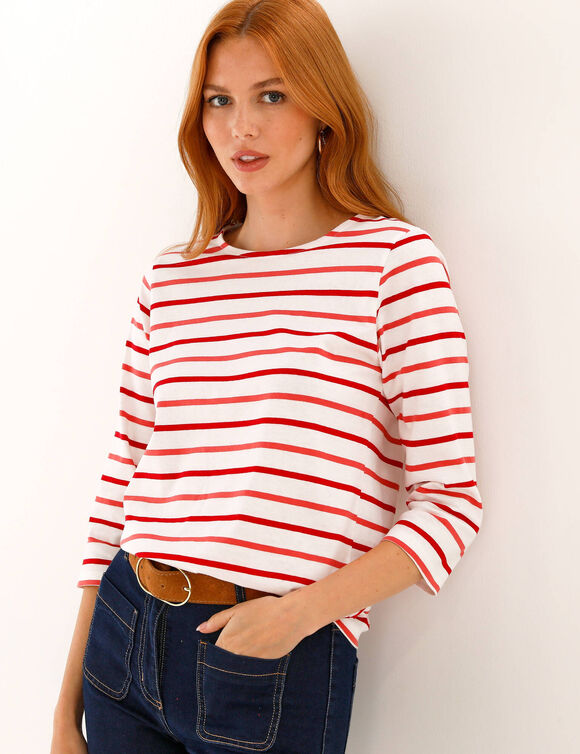 T-shirt ray&eacute; manches 3/4, maille jersey (&eacute;cru / rouge)