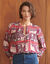 Blouse met mao-kraag, cr&ecirc;pe bedrukt met patchworkprint (pruim / beige)