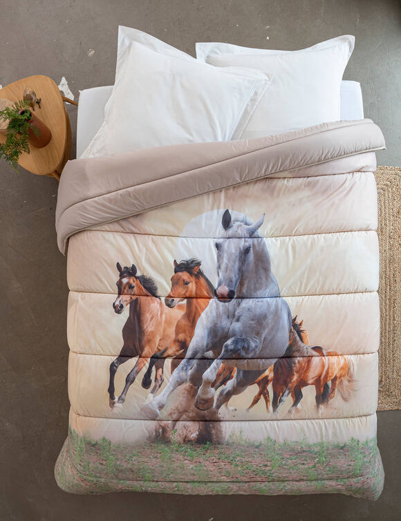 Couette microfibre impression photo chevaux 400g/m2 (beige / marron)