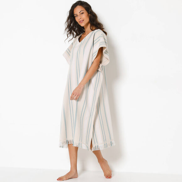 Poncho de plage tiss&eacute; rayures doubl&eacute; &eacute;ponge (zandkleur / laguneblauw)