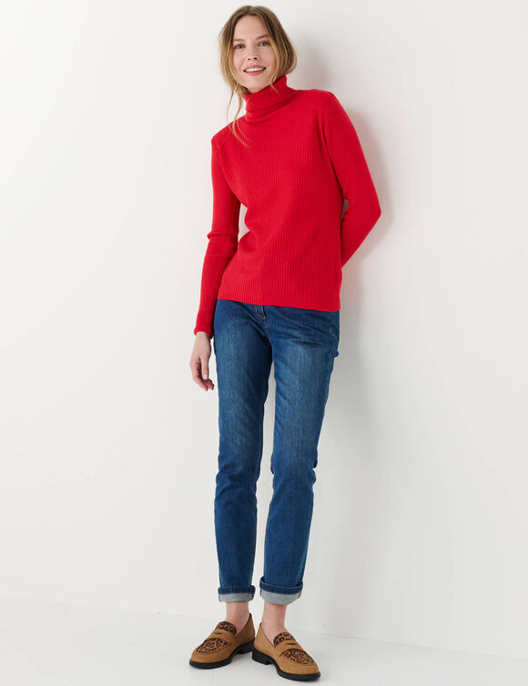 Pull col roul&eacute;, maille c&ocirc;tel&eacute;e (rouge)