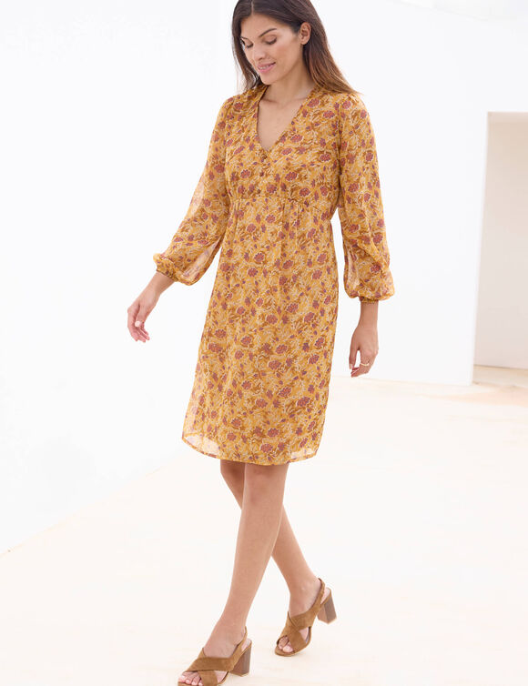 Korte jurk, in bedrukte voile (hazelnootbruin / ecru)