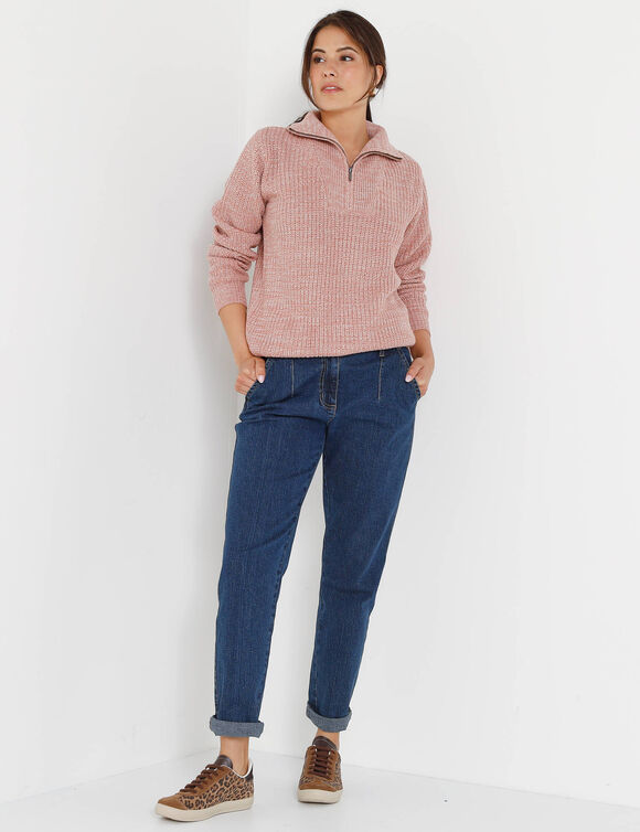Pull col camionneur zippé maille anglasie (bois de rose chiné)