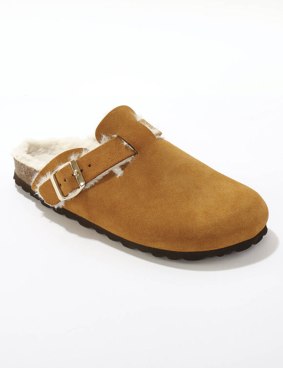 Gevoerde pantoffels in klompvorm, van su&egrave;de (karamel)