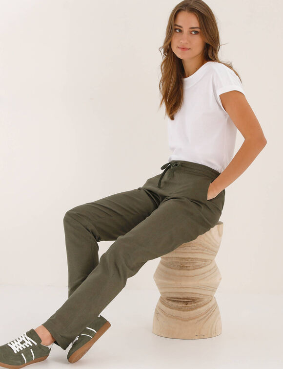 Pantalon fusel&eacute; fluide, lin-coton (kaki)