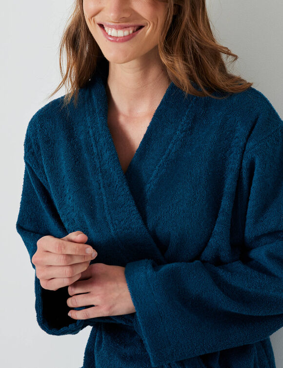 Peignoir court adulte col kimono  - &eacute;ponge bouclette 380 g/m&sup2; (bleu paon)