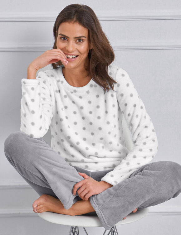 Pyjama polaire imprim&eacute; pois toucher peluche manches longues (gris)
