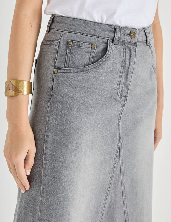 Jupe longue &eacute;vas&eacute;e en jean (gris)