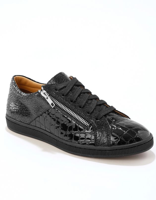 Lage sneakers voor dames, in soepel leer met kroko-effect (zwart)