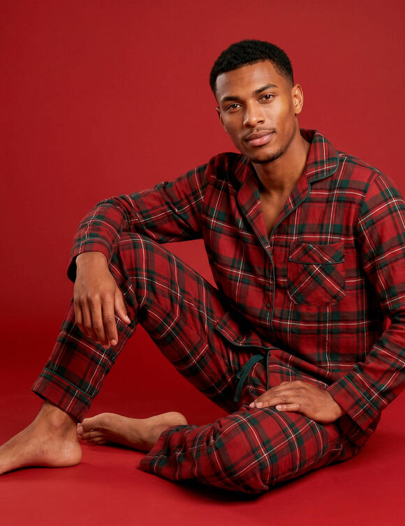 Pyjama pantalon veste boutonn&eacute;e, flanelle &agrave; carreaux (rouge / vert)