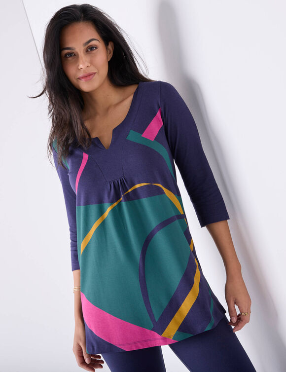 Tunique col V manches 3/4, imprimé graphique (marine / vert)