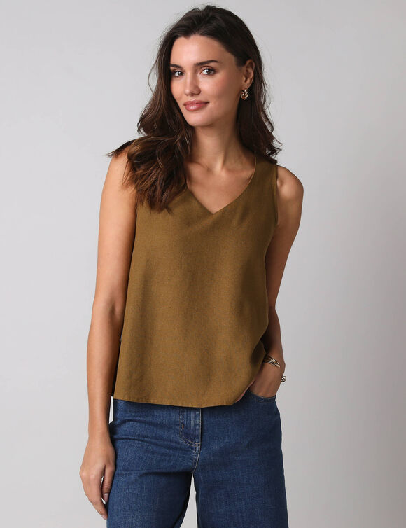 D&eacute;bardeur larges bretelles col V, viscose et lin (vert olive)