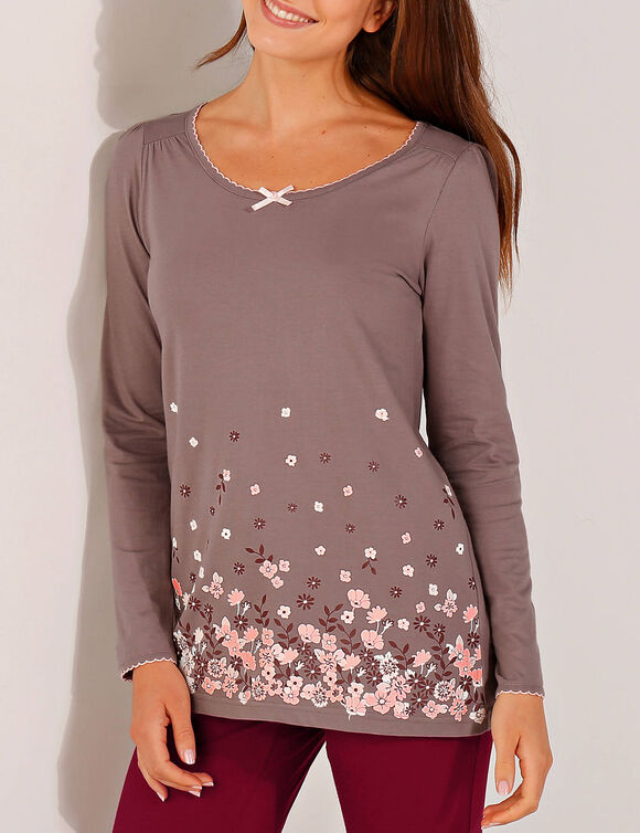 T-shirt imprim&eacute; fleurs - manches longues (taupe)