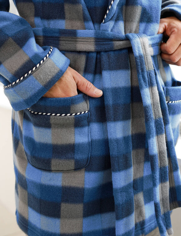 Robe de chambre courte maille polaire (carreaux bleu)