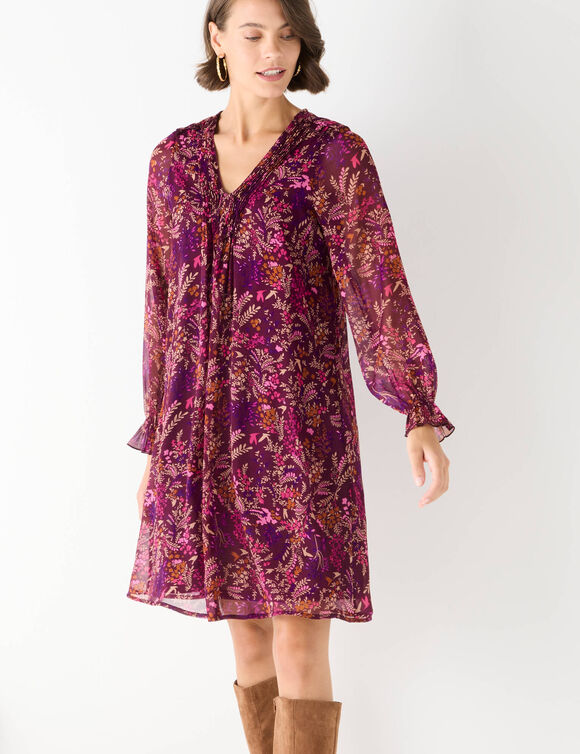 Geplooide jurk met bedrukking, bosprint (pruim / roze)