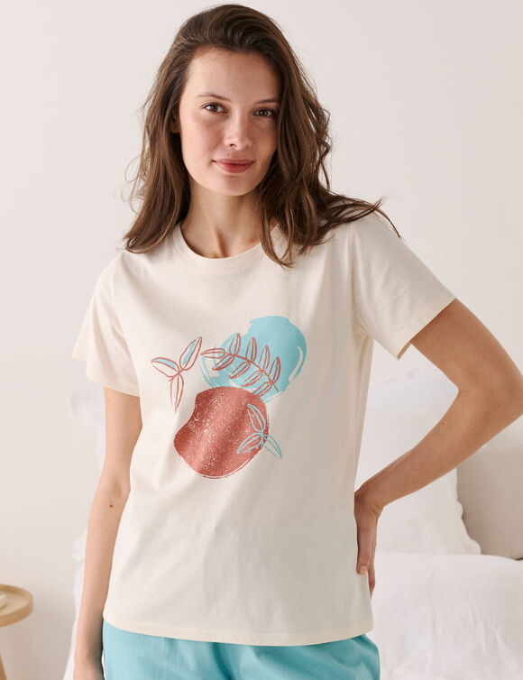 T-shirt de pyjama manches courtes imprim&eacute; "feuillage" (&eacute;cru)