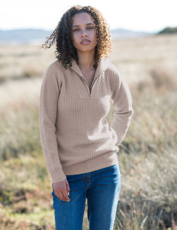 Pull col camionneur zippé maille anglasie (beige chiné)
