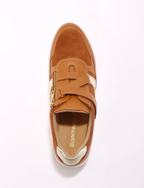 Baskets compensées zippées et scratchées en cuir (caramel)