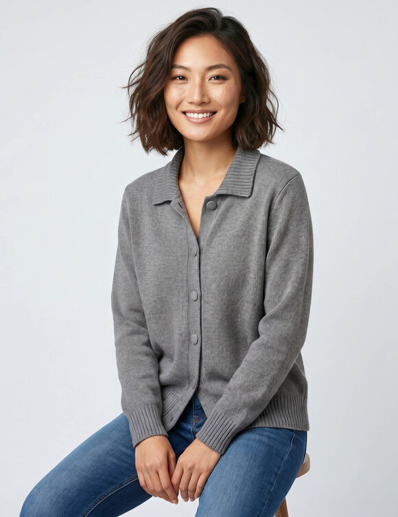 Gilet col polo uni, maille moelleuse (gris chin&eacute;)