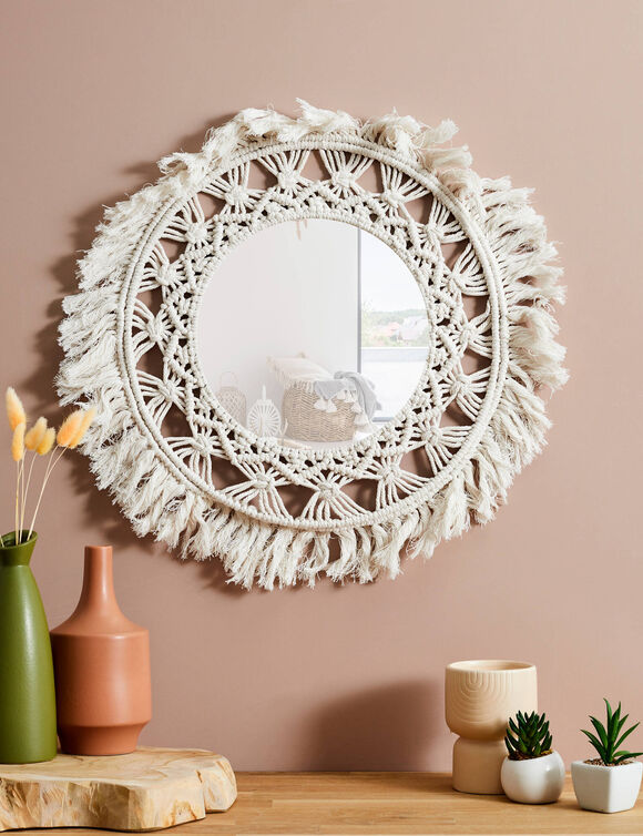 Grand miroir en macramé (naturel)