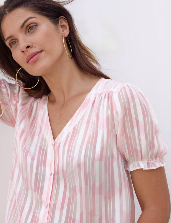 Chemisier manches blousantes imprim&eacute; bicolore, voile jacquard (&eacute;cru / rose p&acirc;le)