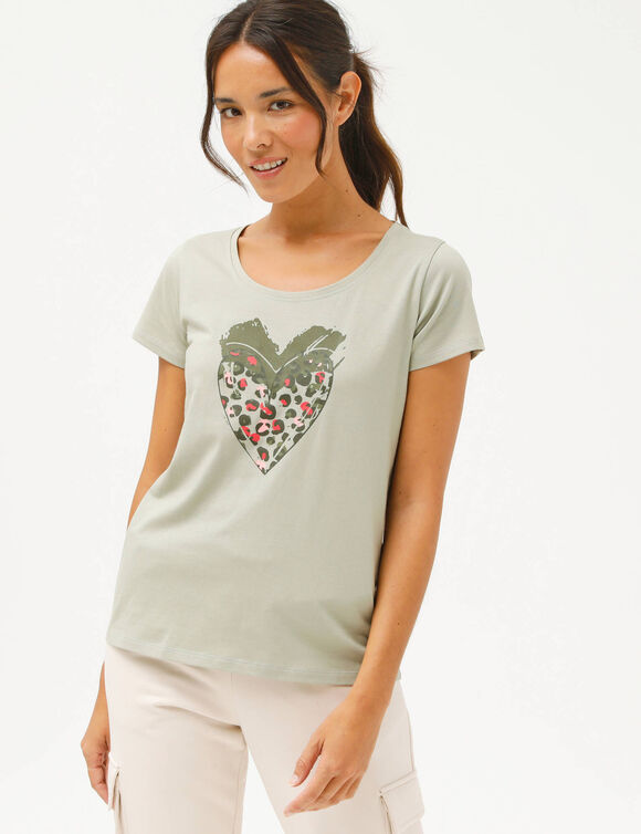T-shirt manches courtes, imprim&eacute; c&oelig;ur (kaki)
