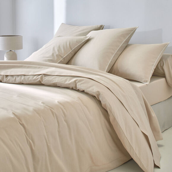 Linge de lit uni coton lav&eacute; (beige)