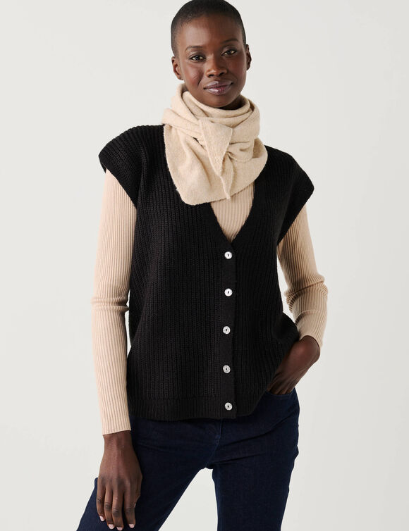 Gilet sans manches &agrave; boutons paillet&eacute;s, maille anglaise (noir)