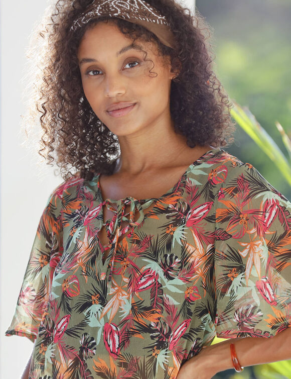 Tunique voile imprimée (kaki / rose)