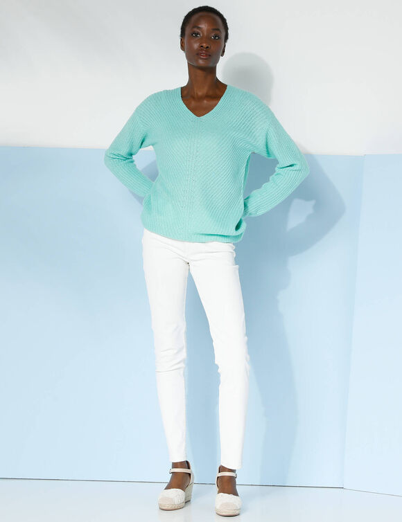 Pull col V, maille anglaise toucher doux (vert d'eau)