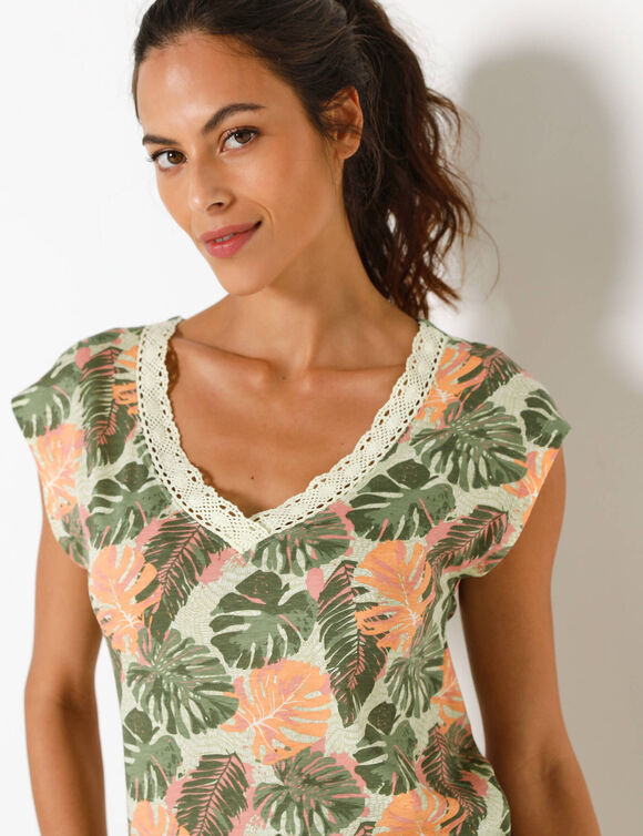 T-shirt imprim&eacute; v&eacute;g&eacute;tal, col macram&eacute; (kaki / p&ecirc;che)