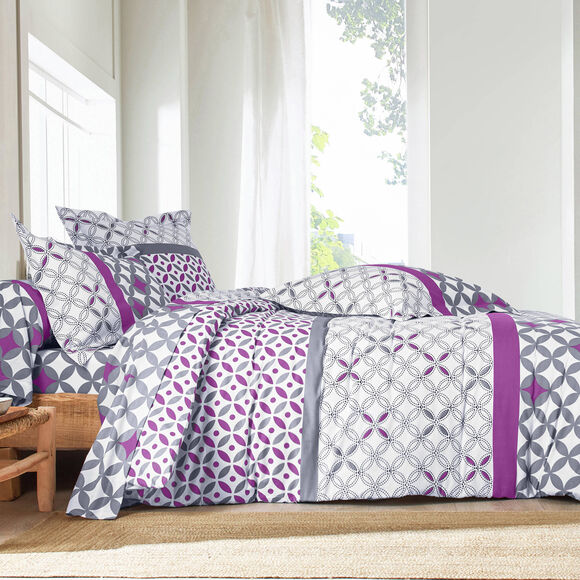 Linge de lit Marlow en coton motifs géométriques (gris / violet)