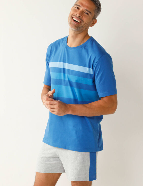 Pyjama short coton rayures plac&eacute;es col rond (bleu / gris)