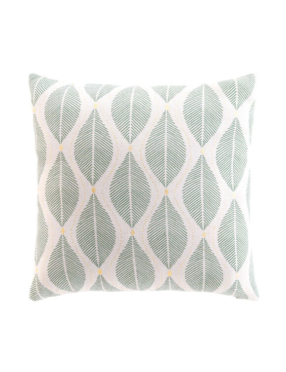 Coussin imprim&eacute; feuilles d&eacute;tails dor&eacute;s  (vert sauge)