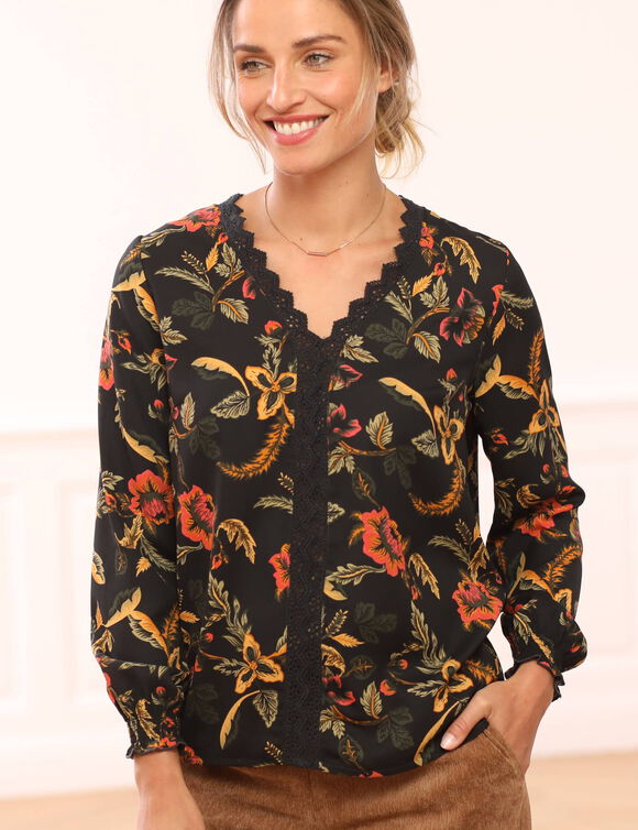 Blouse macramé imprimée (noir / bronze)