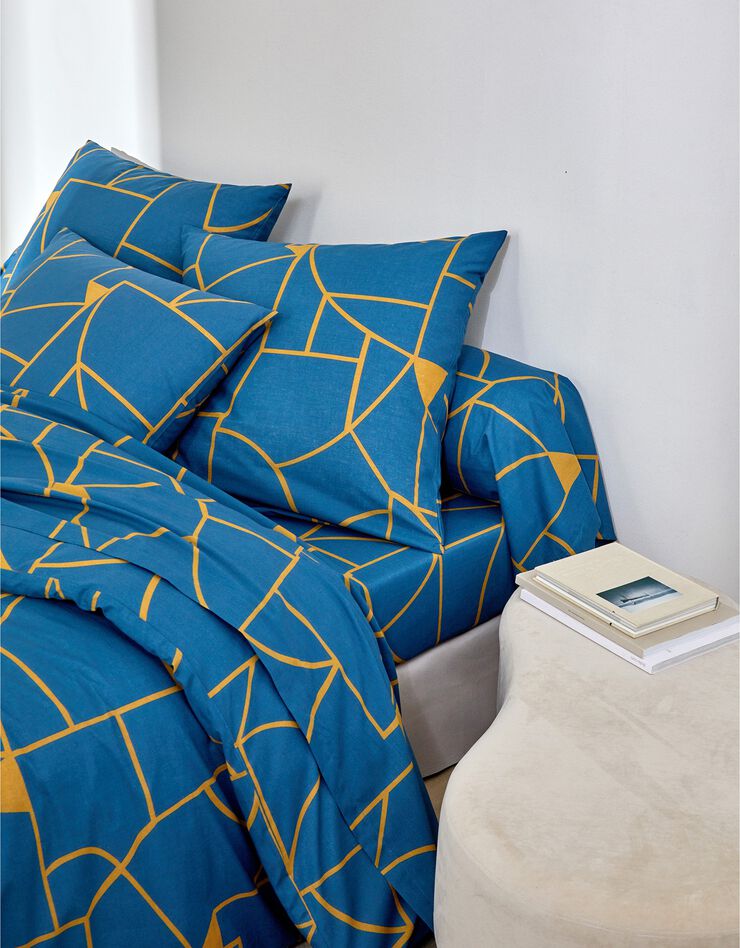 Linge de lit Geoffroy en coton à motifs graphiques (bleu paon)
