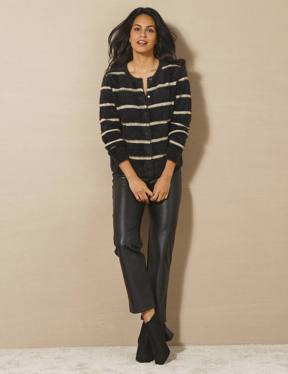 Cardigan rayures dor&eacute;es, maille poilue (noir / dor&eacute;)