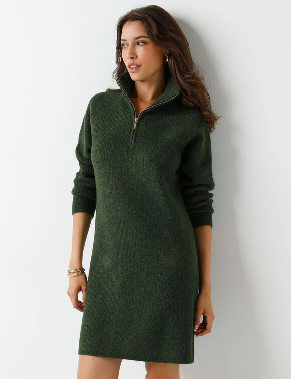 Robe pull col camionneur, maille c&ocirc;tel&eacute;e en laine m&eacute;lang&eacute;e (vert olive)