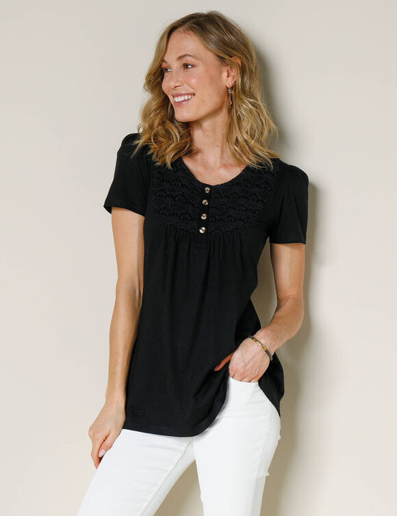 T-shirt met macram&eacute; en korte mouwen (zwart)